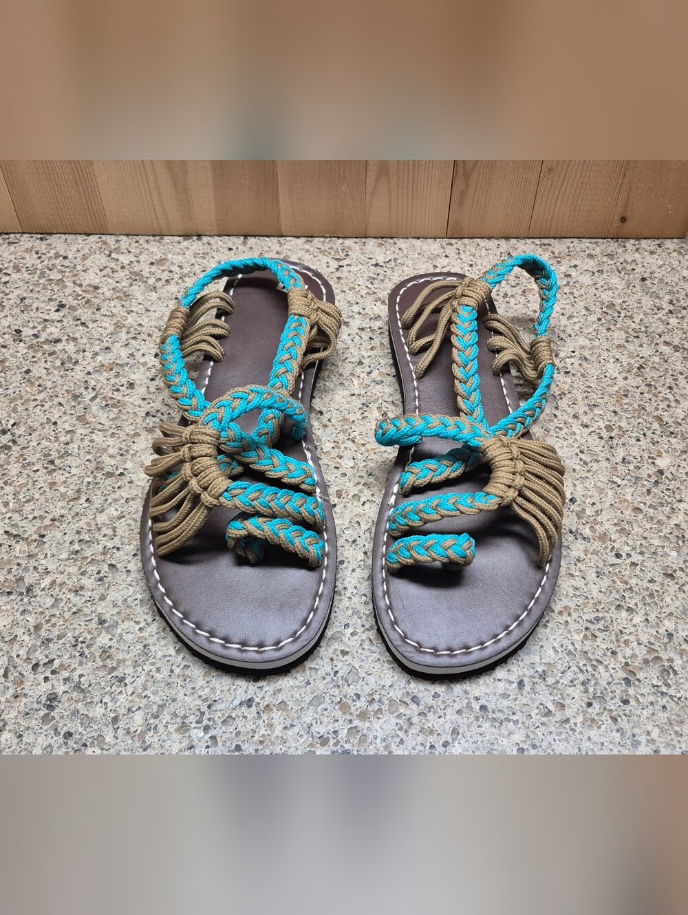 Boho Braided Rope Sandal Turquoise Tan Toe Ring Strappy Flat EU 41 US 9.5-10 New